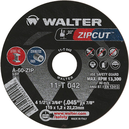 Zipcut Cut-Off Wheel, 4-1/2" x 3/64", 7/8" Arbor, Type 1, Aluminum Oxide, 13300 RPM NRZ Safety Inc.