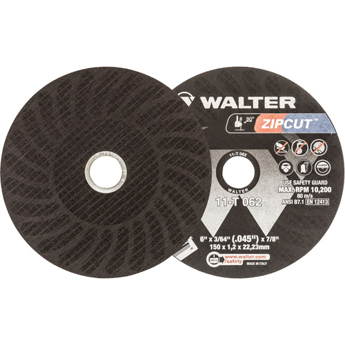 Meule &agrave; tronçonner renforc&eacute;e Zipcut, 6" x 3/64", Arbre de 7/8", Type 1, Oxyde d'aluminium, 10 200 Tr/min NRZ Safety Inc.