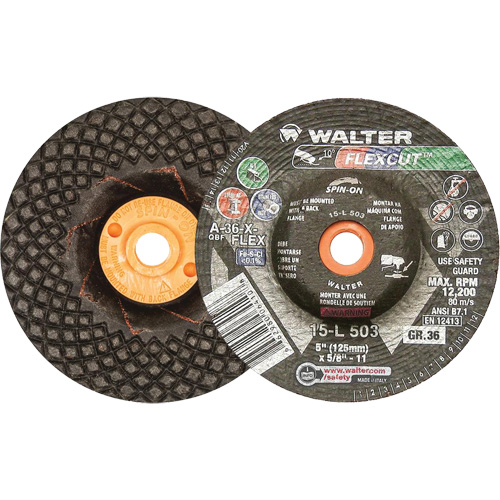 Meules &agrave; moyeu d&eacute;port&eacute; Flexcut, 5", 36 Grain, Oxyde d'aluminium, 5/8"-11, 12 200 Tr/min, Type 29 NRZ Safety Inc.