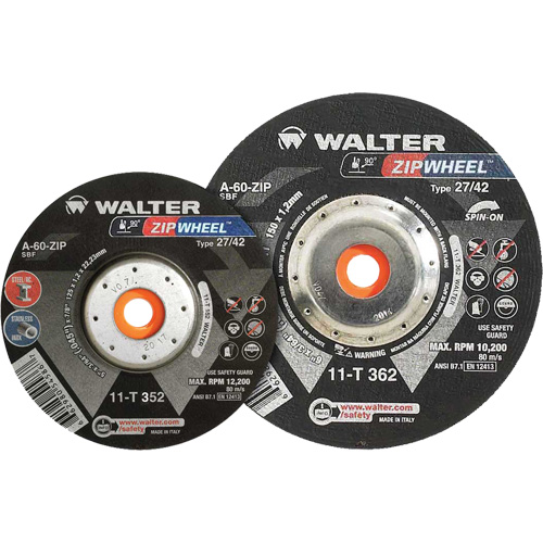Spin-On Zipcut Right Angle Grinder Reinforced Cut-Off Wheels, 5" x 7/8", 5/8"-11 Arbor, Type 27, Aluminum Oxide, 12200 RPM NRZ Safety Inc.