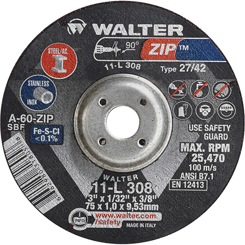 Disque de meulage et de tronçonnage Zip, 3" x 1/13", Arbre de 3/8", Type 27, Grain de 60, Oxyde d'aluminium NRZ Safety Inc.