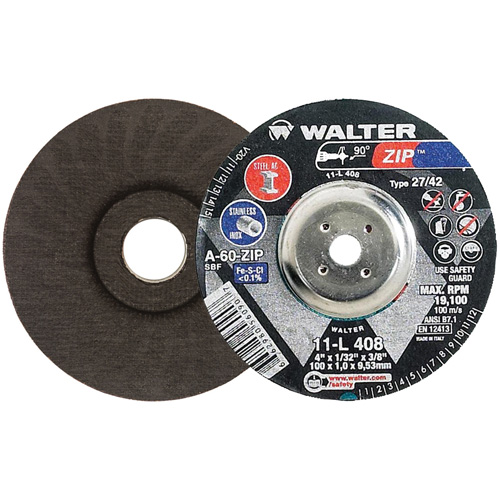 Disque de meulage et de tronçonnage Zip, 4" x 1/32", Arbre de 3/8", Type 27, Grain de 60, Oxyde d'aluminium NRZ Safety Inc.