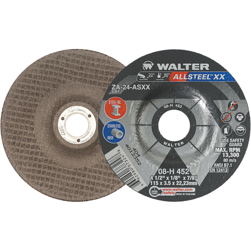Depressed Centre Grinding Wheels - Allsteel XX, 4-1/2" x 1/8", 7/8" Arbor, Type 27, Zirconia Alumina, 13300 RPM NRZ Safety Inc.