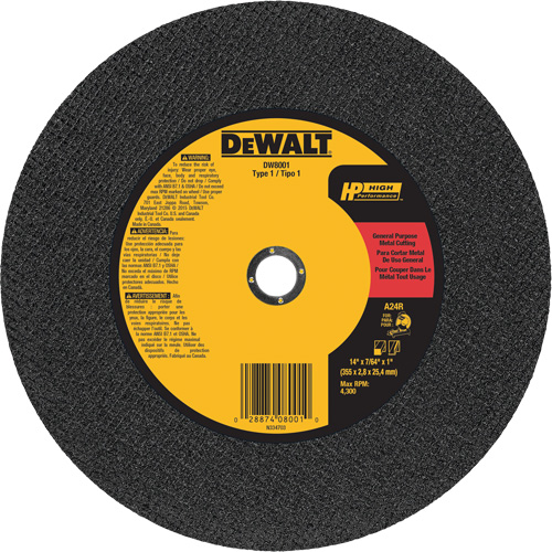 General Purpose Metal Cutting Chop Saw Wheel, 14" x 7/64", 1" Arbor, Type 1, Aluminum Oxide, 4300 RPM NRZ Safety Inc.