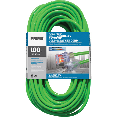 Cordon rallonge haute visibilit&eacute; Neon Flex, Ext&eacute;rieur, SJTW, AWG 12/3, 15 A, 100' NRZ Safety Inc.