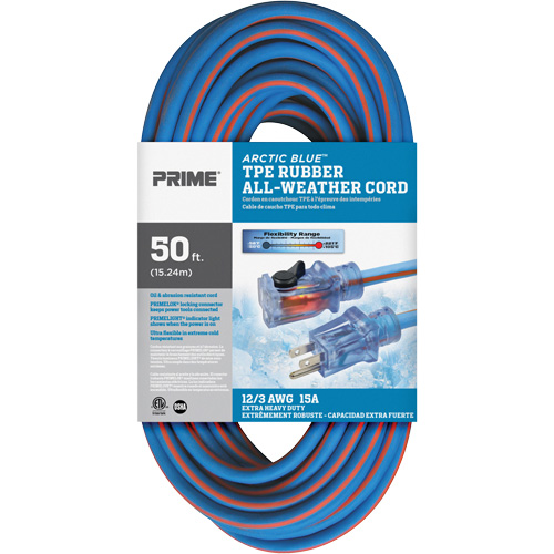 Cordon rallonge verrouillable toute saison en caoutchouc TPE Arctic Blue, Toutes saisons, SJEOW, AWG 12/3, 15 A, 50' NRZ Safety Inc.