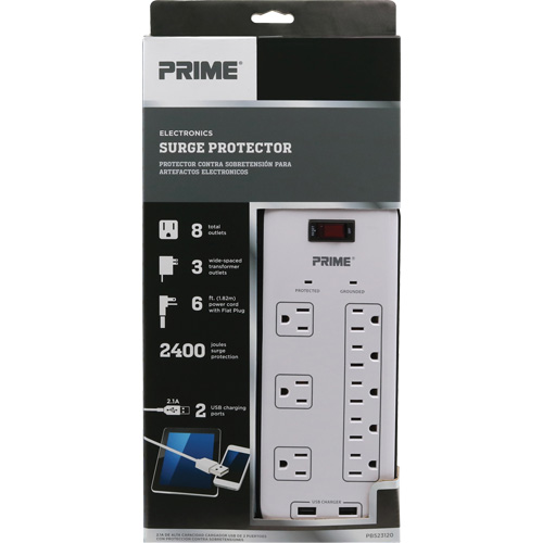 USB Charging Surge Protectors, 8 Outlets, 2400 J, 1875 W, 6' Cord NRZ Safety Inc.