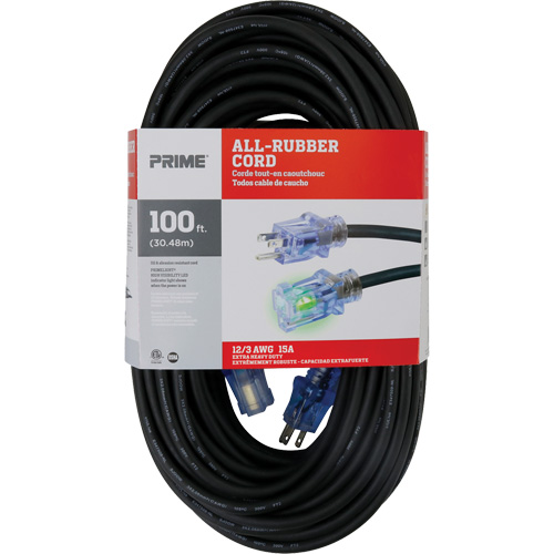 All-Rubber Extension Cord, Outdoor, SJOOW, 12/3 AWG, 15 A, 100' NRZ Safety Inc.