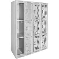 Clean Line Lockers, 3 -tier, Bank of 4, 48" x 12" x 72", Steel, Grey, Rivet (Assembled), Perforated NRZ Safety Inc.