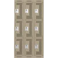 Clean Line Lockers, 3 -tier, Bank of 3, 36" x 12" x 72", Steel, Beige, Rivet (Assembled), Perforated NRZ Safety Inc.