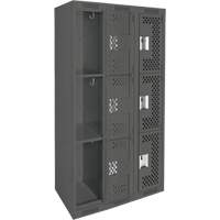 Clean Line Lockers, 3 -tier, Bank of 3, 36" x 12" x 72", Steel, Charcoal, Rivet (Assembled), Perforated NRZ Safety Inc.