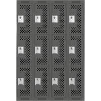 Clean Line Lockers, 3 -tier, Bank of 4, 48" x 12" x 72", Steel, Charcoal, Rivet (Assembled), Perforated NRZ Safety Inc.