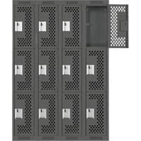 Clean Line Lockers, 3 -tier, Bank of 4, 48" x 12" x 72", Steel, Charcoal, Rivet (Assembled), Perforated NRZ Safety Inc.