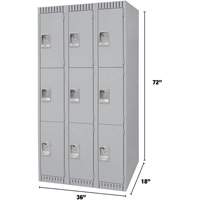 Lockers, 3 -tier, Bank of 3, 36" x 18" x 72", Steel, Grey, Knocked Down NRZ Safety Inc.